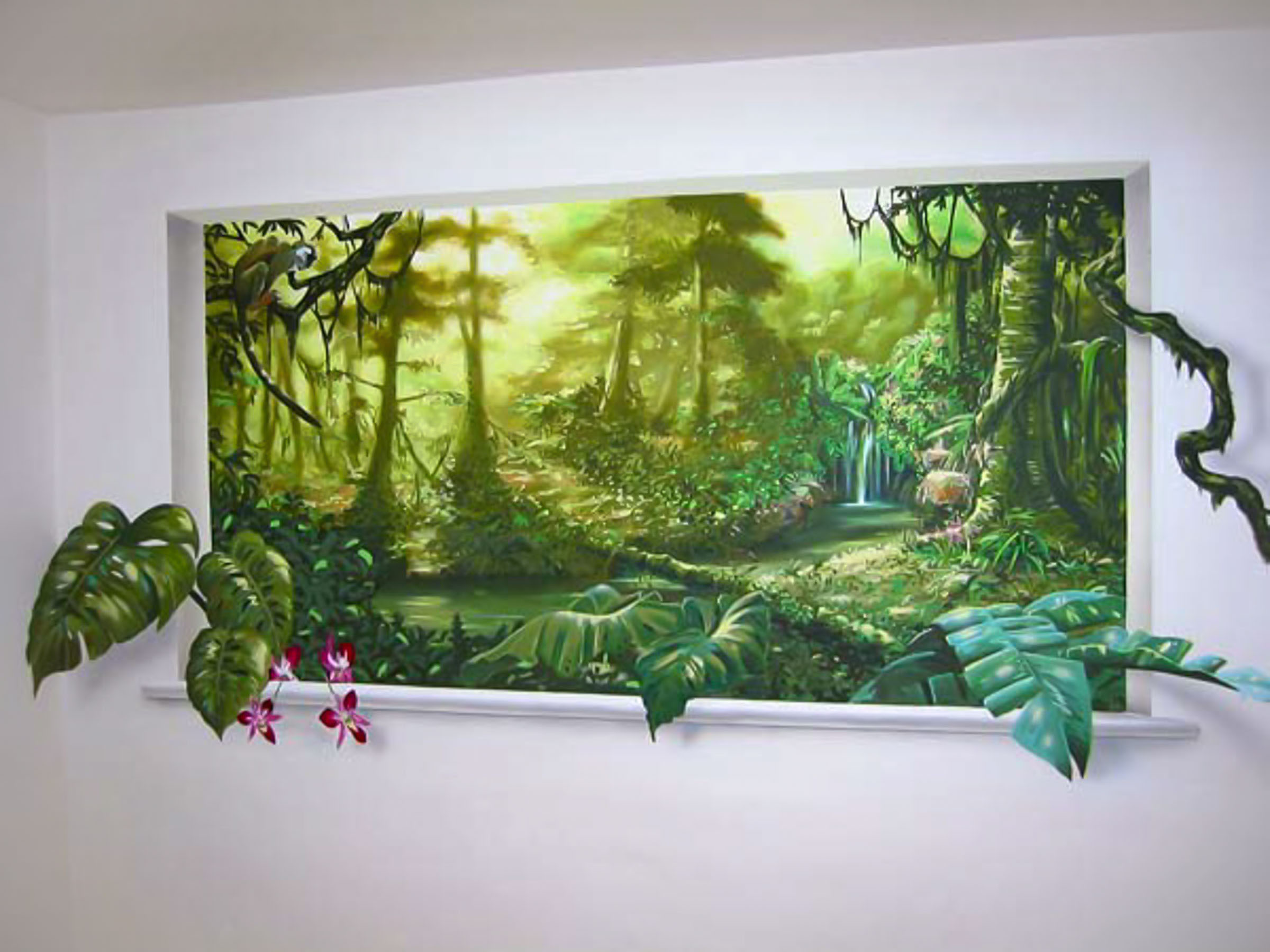 Trompe l'oeil jungle through wall opening