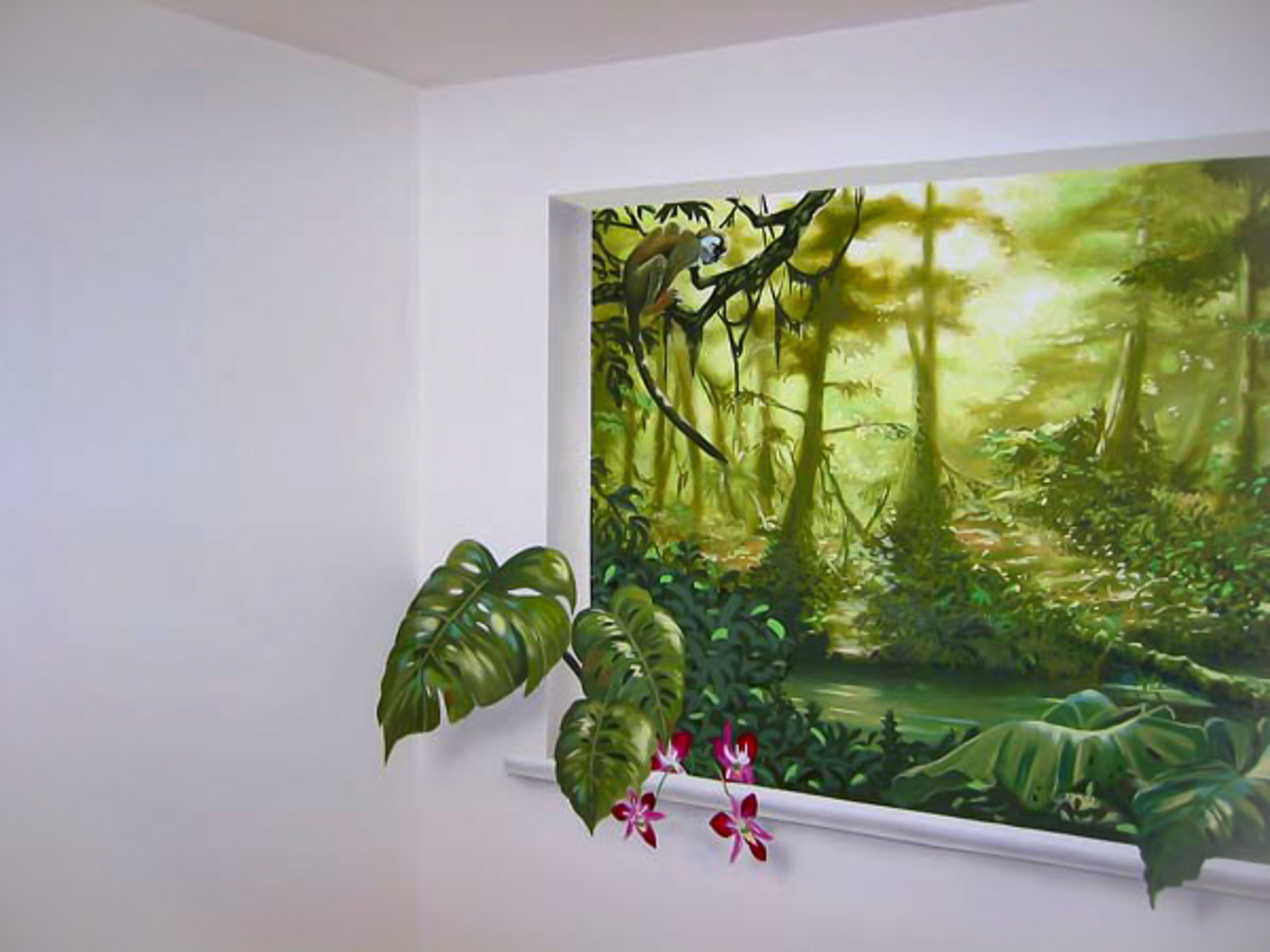jungle trompe l'oeil 3D cheeseplant monstera leaves