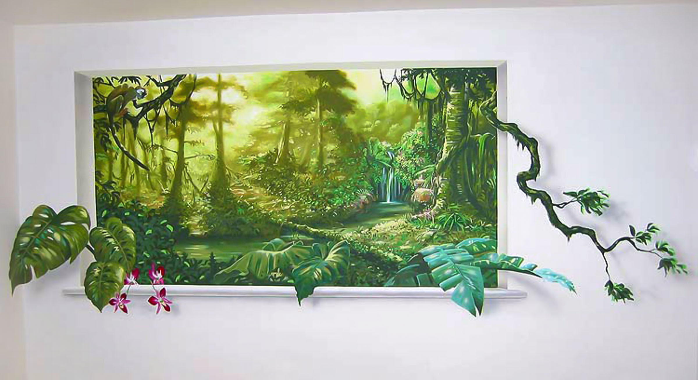 Trompe l'oeil jungle through wall opening with creeping vine reaching into the room