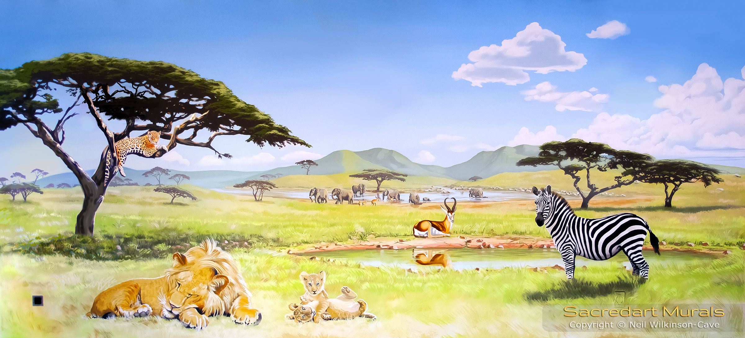 mural safari lions zebra jaguar elephants serengeti