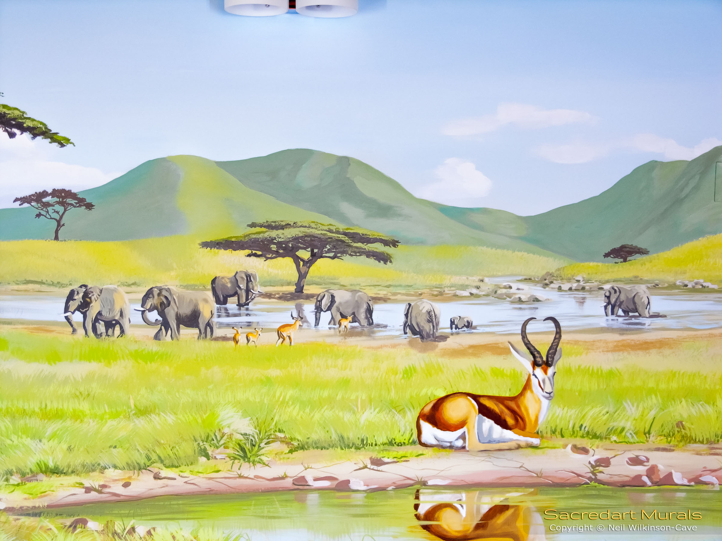 serengeti mural watering hole gazelle elephants