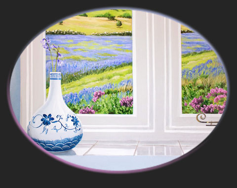 Window looking out to countryside scene, trompe l'oeil