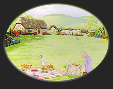 Beatrix Potter style mural with pretty cottage