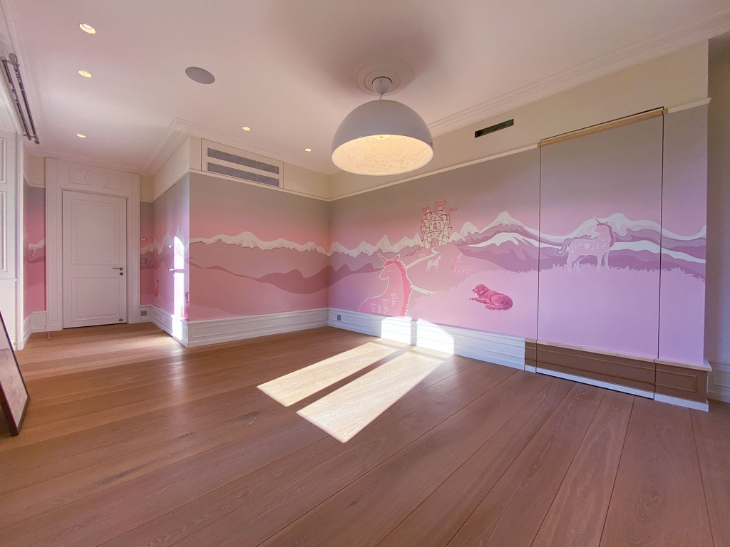 Pretty in Pink bedroom mural with mountains